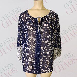Daisy Fuentes Navy Floral Boho Sheer Blouse Size Large